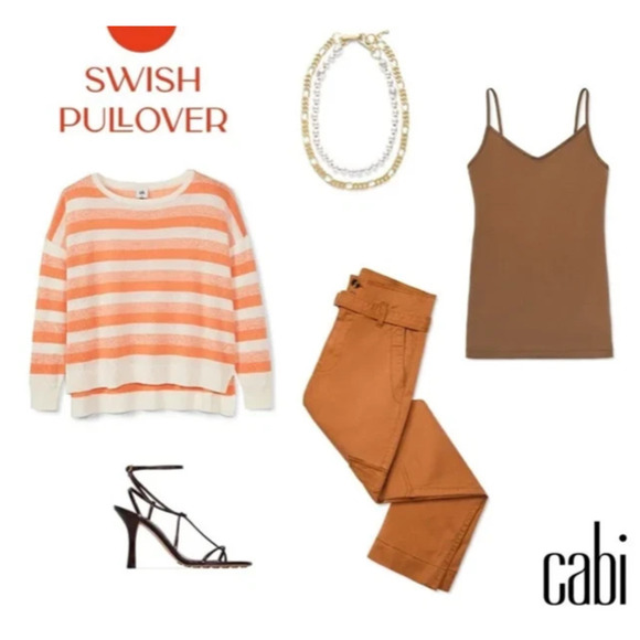 Cabi Swish Linen Blend Pullover Light Sweater Orange Striped Large Boxy Beachy - Picture 9 of 9